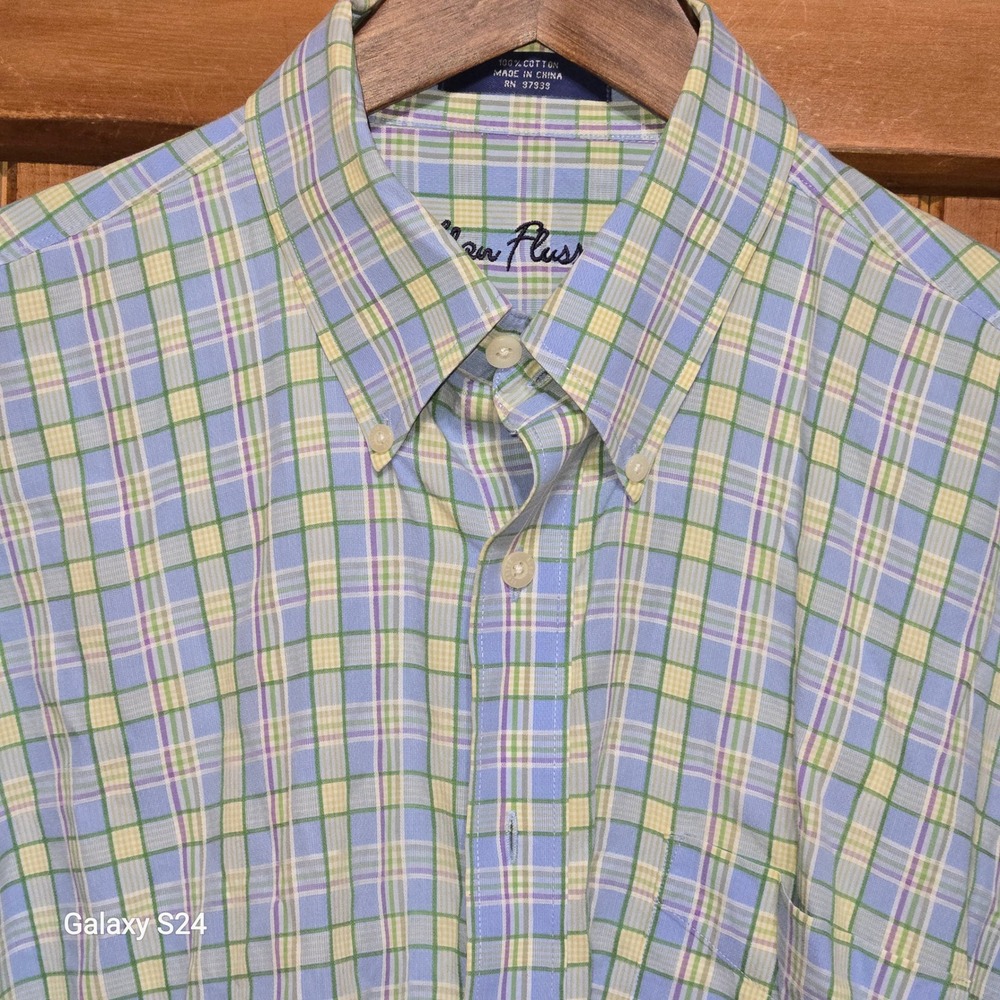 Alan Flusser Mens XL Plaid Button Down Blue Green Yellow Cotton Long Sleeve